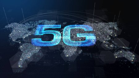 Photo for Futuristic global 5G worldwide communication via broadband internet connections between cities around the world with matrix particles continent map for head up display background - Royalty Free Image