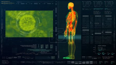 Photo for Futuristic head up display motion element virtual biomedical holographic human body scan neurological examination, axial skeleton, vertebral column, DNA and heart diagnostic for background display - Royalty Free Image