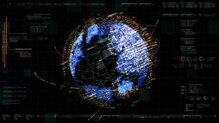 Foto de Futurista HUD global 5G comunicación mundial a través de conexiones de Internet de banda ancha entre ciudades de todo el mundo con partículas matriciales mapa continente para el fondo de pantalla cabeza arriba - Imagen libre de derechos