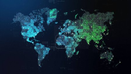 Téléchargez les photos : Futuriste HUD communication globale via des connexions Internet haut débit entre les villes du monde entier avec la carte de continent de particules de matrice pour l'arrière-plan d'affichage tête haute - en image libre de droit