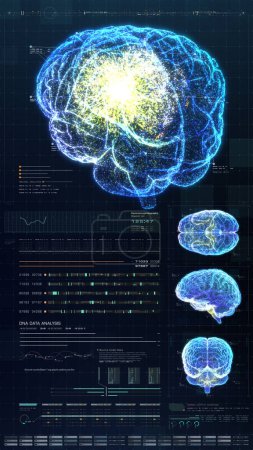 Foto de Ilustración 3d, exhibición holográfica virtual futurista de la exploración biomédica del cuerpo humano, examen neurológico, columna vertebral y diagnóstico del corazón para la exhibición de la tableta - Imagen libre de derechos