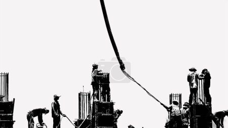 Téléchargez les photos : Silhouette stylisé concept de travailleurs de la construction sur échafaudage travaillant sur le chantier de construction industrielle dirigeant le ciment coulant dans le moule de coulée. Concept de construction - en image libre de droit