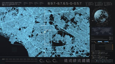 Photo for Futuristic digital city map layout with satellite GPS coordinate searching and target tracking, interface head up display screen with data telemetry information for background display - Royalty Free Image