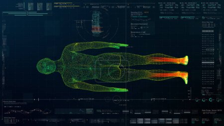 Téléchargez les photos : Futuriste tête haute affichage mouvement élément virtuel biomédical holographique corps humain scan examen neurologique, squelette axial, colonne vertébrale, ADN et le diagnostic cardiaque pour le fond - en image libre de droit