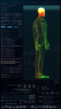 Photo for Futuristic head up display motion element virtual biomedical holographic human body scan neurological examination, axial skeleton, vertebral column, DNA and heart diagnostic for background - Royalty Free Image