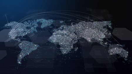 Foto de Futurista global 5G comunicación mundial a través de conexiones de Internet de banda ancha entre ciudades de todo el mundo con partículas de matriz mapa del continente para el fondo de pantalla cabeza arriba - Imagen libre de derechos
