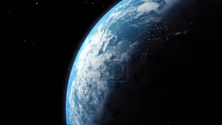 Téléchargez les photos : Un rendu cinématographique de la planète Terre au lever du soleil comme vue depuis l'espace avec une atmosphère bleue vibrante et un ciel nuageux montrant les continents ci-dessous - en image libre de droit