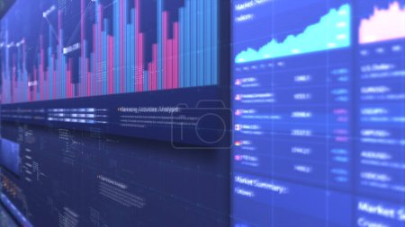 Photo for Business stock market, trading, info graphic with animated graphs, charts and data numbers insight analysis to be shown on monitor display screen for business meeting mock up theme - Royalty Free Image