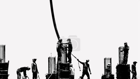 Photo for Silhouette stylized concept of construction workers on scaffolding working on industrial construction site directing cement pouring into casting mold. Construction concept - Royalty Free Image