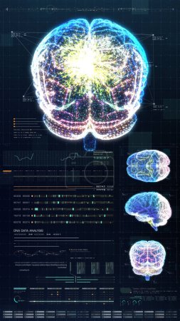 Foto de Ilustración 3d, exhibición holográfica virtual futurista de la exploración biomédica del cuerpo humano, examen neurológico, columna vertebral y diagnóstico del corazón para la exhibición de la tableta - Imagen libre de derechos