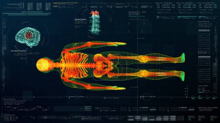 Téléchargez les photos : Futuriste tête haute affichage mouvement élément virtuel biomédical holographique corps humain scan examen neurologique, squelette axial, colonne vertébrale, ADN et le diagnostic cardiaque pour le fond - en image libre de droit