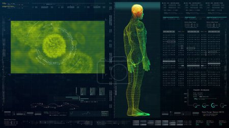 Foto de Exploración biomédica virtual holográfica del cuerpo humano del elemento de movimiento de la cabeza para arriba futurista exploración neurológica, esqueleto axial, columna vertebral, ADN y diagnóstico del corazón para el fondo - Imagen libre de derechos