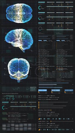 Foto de Formato de visualización vertical: Exhibición holográfica virtual futurista de la exploración biomédica del cuerpo humano, examen neurológico, columna vertebral y diagnóstico cardíaco para la exhibición de la tableta - Imagen libre de derechos