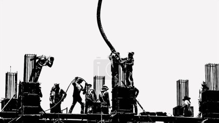 Téléchargez les photos : Silhouette stylisé concept de travailleurs de la construction sur échafaudage travaillant sur le chantier de construction industrielle dirigeant le ciment coulant dans le moule de coulée. Concept de construction - en image libre de droit