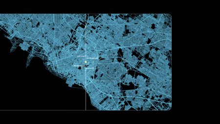 Foto de Diseño futurista del mapa digital de la ciudad con búsqueda de coordenadas GPS por satélite y seguimiento de objetivos, pantalla de visualización de cabecera de interfaz con información de telemetría de datos para la visualización de fondo - Imagen libre de derechos