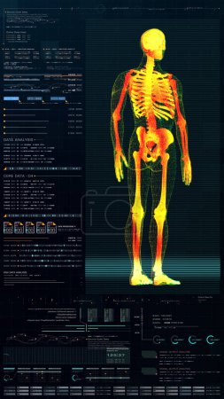 Photo for 3d illustration, futuristic virtual holographic head up display of biomedical human body scan, neurological examination, vertebral column and heart diagnostic for tablet display - Royalty Free Image