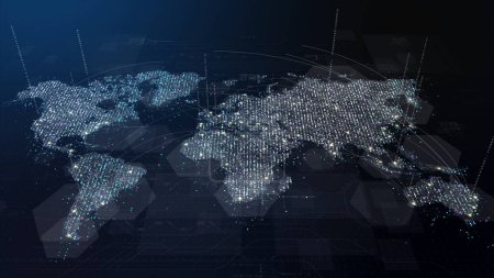 Foto de Futurista global 5G comunicación mundial a través de conexiones de Internet de banda ancha entre ciudades de todo el mundo con partículas de matriz mapa del continente para el fondo de pantalla cabeza arriba - Imagen libre de derechos