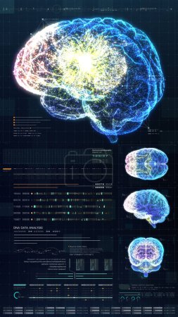 Foto de Formato de visualización vertical: Exhibición holográfica virtual futurista de la exploración biomédica del cuerpo humano, examen neurológico, columna vertebral y diagnóstico cardíaco para la exhibición de la tableta - Imagen libre de derechos