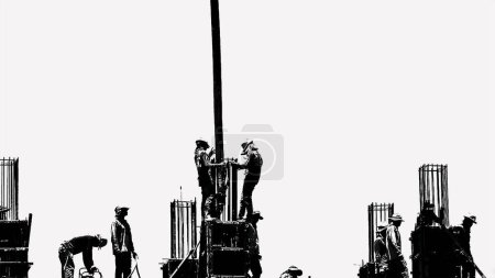 Photo for Silhouette stylized concept of construction workers on scaffolding working on industrial construction site directing cement pouring into casting mould. Construction concept - Royalty Free Image