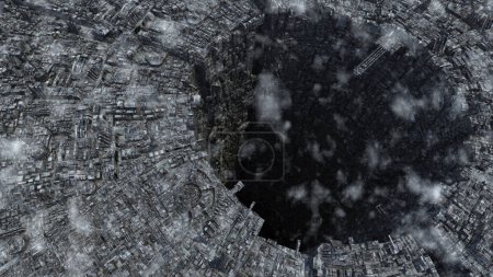 Foto de Representación en 3D de la mega ciudad futurista de ciencia ficción bajo la representación de la arquitectura metropolitana de la vida futura de la ciudad - Imagen libre de derechos