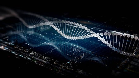 Foto de 3D renderizado, pantalla de diagnóstico de análisis de secuencia de ADN biomédico avanzado holográfico futurista para pantalla de computadora de fondo - Imagen libre de derechos
