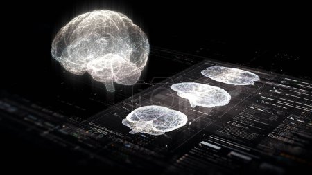Foto de Concepto biomédico futurista de un médico usando exploración holográfica avanzada patología de la neurona cerebral de un paciente y exploración diagnóstica - Imagen libre de derechos