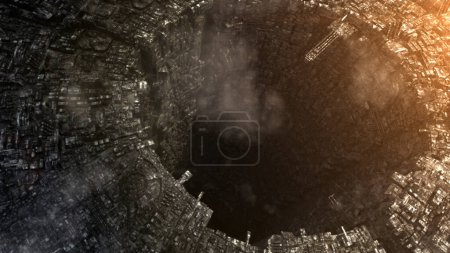 Foto de Ilustración 3D de mega ciudad espacial futurista metrópoli urbana avance civilización arquitectura representa el paisaje virtual distópico de la vida futura ciudad - Imagen libre de derechos