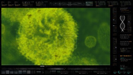 Photo for Advance head up display of electron microscope scanning airborne virus outbreak showing the anatomy of the virus in close up details - Royalty Free Image