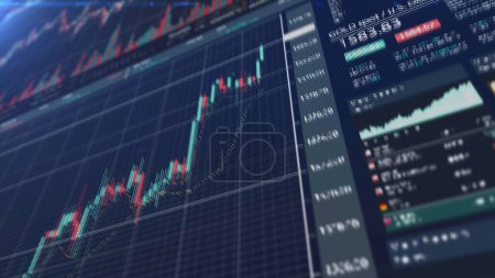 Photo for Business stock market, trading, info graphic with animated graphs, charts and data numbers insight analysis to be shown on monitor display screen for business meeting mock up theme - Royalty Free Image