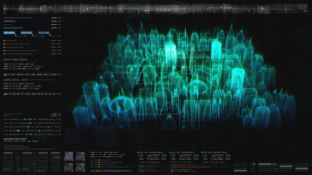 Photo for 3D Rendering Digital Cyber City Particles HUD Background - Royalty Free Image