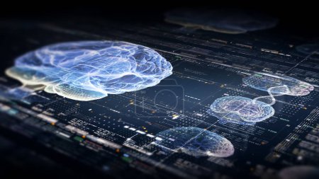 Foto de Concepto biomédico futurista de un médico usando exploración holográfica avanzada patología de la neurona cerebral de un paciente y exploración diagnóstica - Imagen libre de derechos