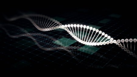 Foto de 3D renderizado, pantalla de diagnóstico de análisis de secuencia de ADN biomédico avanzado holográfico futurista para pantalla de computadora de fondo - Imagen libre de derechos