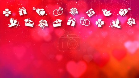 Foto de Feliz San Valentín tema decoración movimiento partículas animación con iconos gráficos desplegables asociados con fondo tema de San Valentín - Imagen libre de derechos