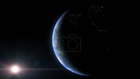 Photo for A cinematic 3d rendering-3d illustration of planet Earth rise rotation moving from night side to the illuminated daylight side with the sun rising on the planet's horizon - Royalty Free Image