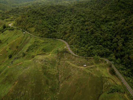Téléchargez les photos : Concept logistique vue aérienne de la route de campagne autoroute passant par la verdure luxuriante sereine et feuillage forêt tropicale paysage montagneux - en image libre de droit
