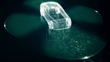 Advanced motion graphics illustrate an autonomous vehicle equipped with self-awareness and comprehensive environmental sensing, capable of operating independently without human involvement 