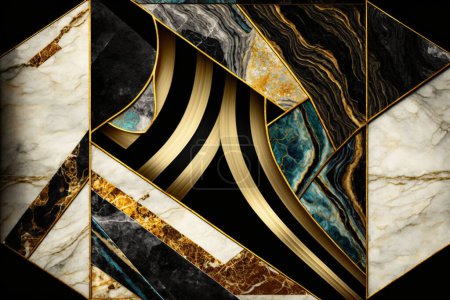 Modern abstract marbled background, marble mosaic. Agate stone texture, granite, jasper. Ornamental black white gold green marble tiles. Art deco wallpaper. Geometric fashion marble. illustration.