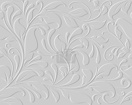 Emboss floral 3d seamless pattern. Embossed white background. Vintage textured flowers, leaves. Repeat surface vector backdrop. Floral relief 3d ornament. Endless ornate texture with embossing effect.