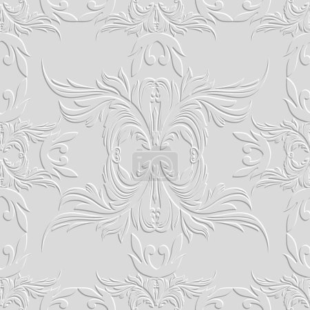 Floral baroque 3d motif sans couture. Vecteur relief fond blanc grunge. Répéter embosser toile de fond. Surface relief fleurs 3d feuilles ornement dans le style baroque. Design texturé avec effet gaufrage.