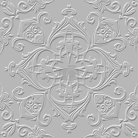 Illustration for Floral Baroque white 3d seamless pattern. Vector embossed grunge background. Repeat emboss backdrop. Surface relief 3d flowers leaves ornament in Baroque style. Textured design with embossing effect. - Royalty Free Image