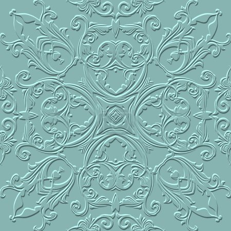 Floral Baroque 3d seamless pattern. Vector embossed grunge blue background. Repeat emboss backdrop. Surface relief 3d flowers leaves ornament in Baroque style. Textured design with embossing effect.