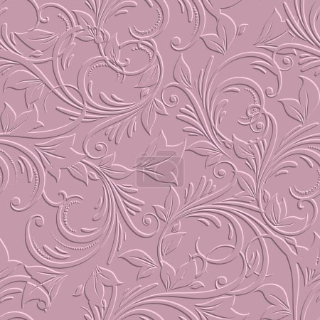 Illustration for Textured floral 3d seamless pattern. Embossed pink background. Vintage emboss flowers, leaves. Repeat surface vector backdrop. Floral relief 3d ornaments. Endless ornate texture with embossing effect. - Royalty Free Image