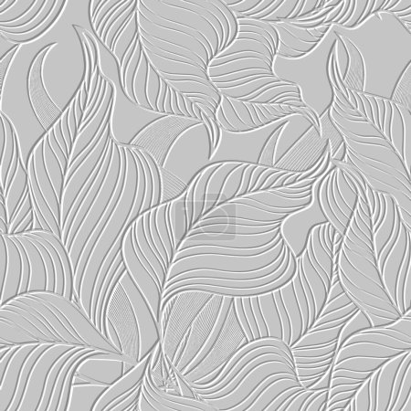 Blattweiße 3D-Linien nahtloses Muster. Tropischer floraler Hintergrund. Wiederholen Sie den strukturierten weißen Vektorhintergrund. Oberflächenprägung Blätter. 3D endloses Ornament mit Prägeeffekt. Blattgeprägte Textur.