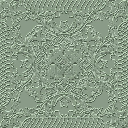 Floral textured Baroque 3d seamless pattern. Vector embossed green background. Repeat emboss flowers leaves backdrop. Surface relief ornament. Grid frames, borders. Grunge embossing endless texture.