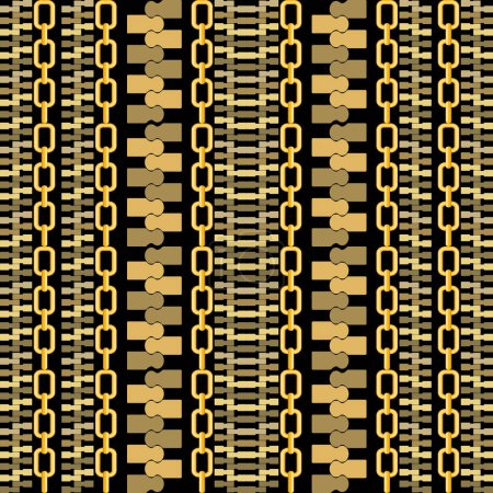 Illustration for Borders. Gold chains and zippers border seamless pattern. Striped ornamental textured vector background. Repeat decorative backdrop. Golden chains and zippers ornament. Vectical golden border, stripes - Royalty Free Image