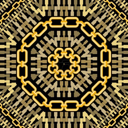 Illustration for Gold chains and zippers modern seamless pattern. Ornamental textured colorful vector background. Repeat decorative backdrop. Beautiful luxury ornaments wirh golden chains, zippers, octagon, rhombus. - Royalty Free Image