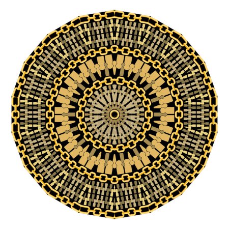 Illustration for Mandala. Chains and zippers round vector pattern. Ornamental white background.  Colorful floral mandala. Modern ornament with frames, borders, flowers, gold chains, zippers. Textured isolated design. - Royalty Free Image