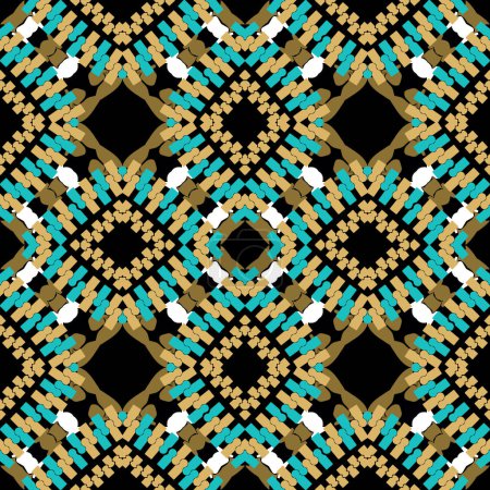Illustration for Tribal ethnic style modern seamless pattern. Colorful ornamental zippers background. Repeat decorative backdrop. Textured geometric ornaments with golden zippers, shapes, rhombus. Endless texture. - Royalty Free Image
