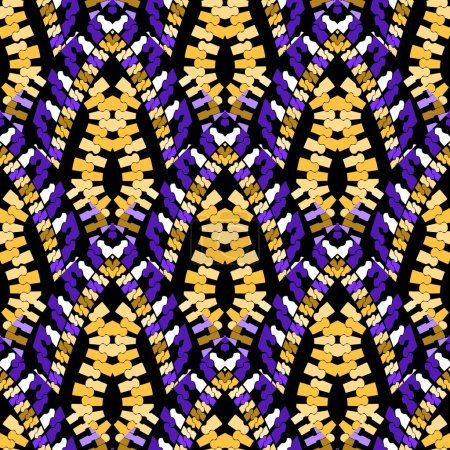 Illustration for Tribal ethnic style modern seamless pattern. Colorful ornamental zippers background in black yellow violet colors. Repeat decorative backdrop. Textured curved ornaments with golden zippers, shapes. - Royalty Free Image