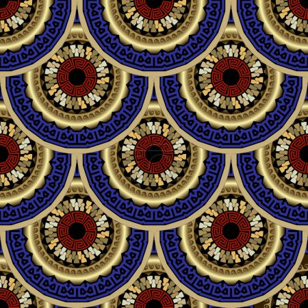 Illustration for Gold tiled round 3d mandalas seamless pattern. Colorful greek vector background. Beautiful Deco ornaments. Abstract flowers,  lines, frames, zippers, greek meanders, circles. Surface luxury design. - Royalty Free Image